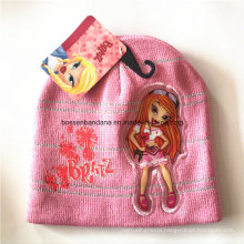 OEM Produce Customized Cartoon Applique Embroidered Pink Winter Snowboard Wool Beanie Hat
